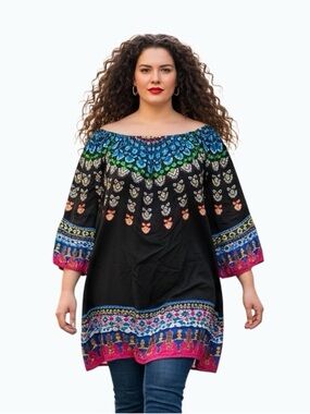 Forever 21 Plus Boho Peacock Tunic Dress 3X Off Shoulder Bell Sleeve Black